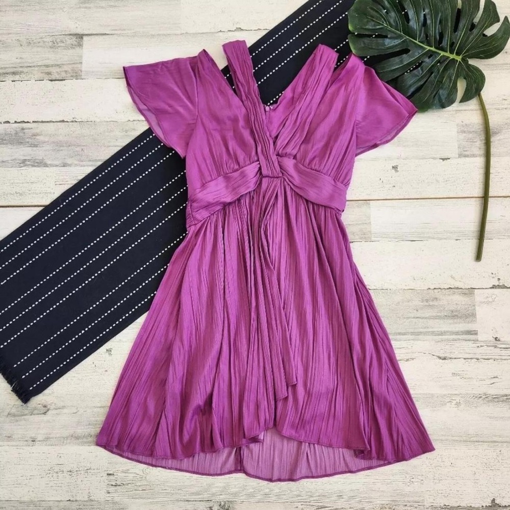 Anthropologie | Vibrant Fuschia Satin Finish Mini Dress with Deep V-Neckline